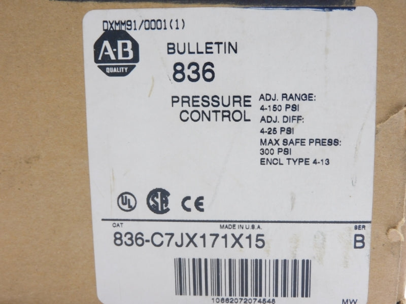 ALLEN BRADLEY 836-C7JX171X15 SER. B 24-250VAC 4-150PSI (BR/WH) NSMP
