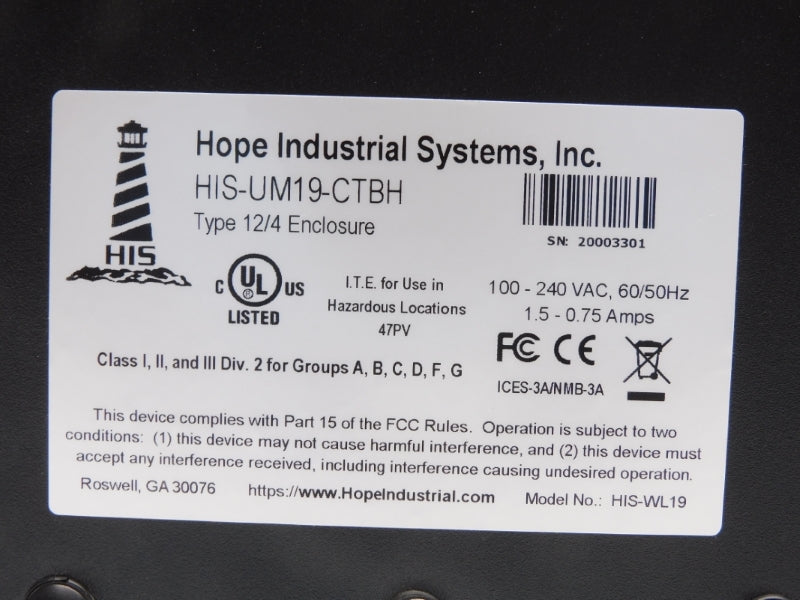 HOPE INDUSTRIAL SYSTEMS HIS-UM19-CTBH 120-240VAC 1.5A NSNP