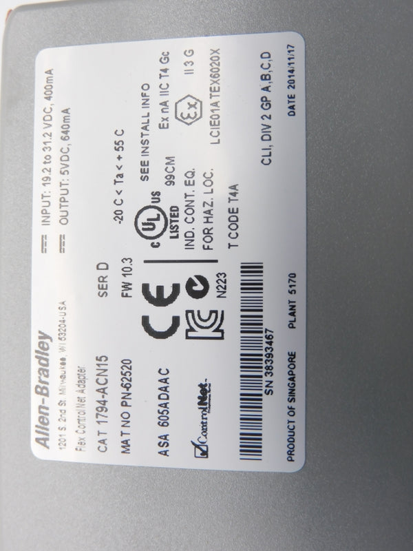 ALLEN BRADLEY 1794-ACN15 SER. D 19.2-31.2VDC F/W 10.3 NSMP