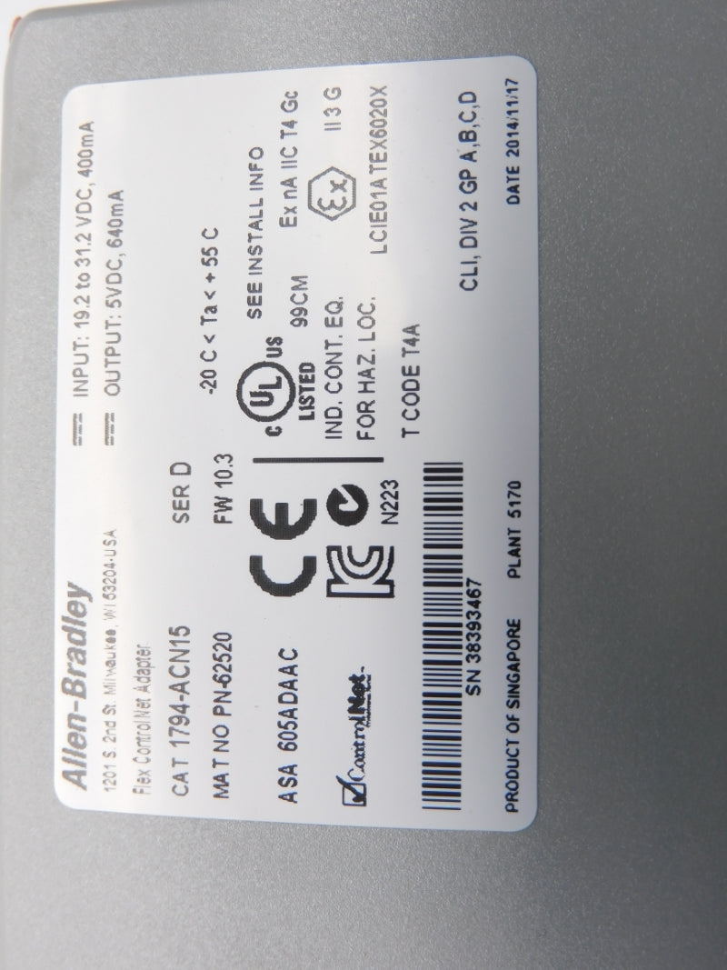 ALLEN BRADLEY 1794-ACN15 SER. D 19.2-31.2VDC F/W 10.3 NSMP