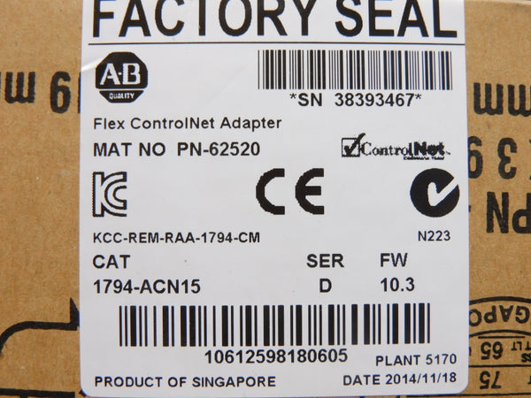 ALLEN BRADLEY 1794-ACN15 SER. D 19.2-31.2VDC F/W 10.3 NSMP