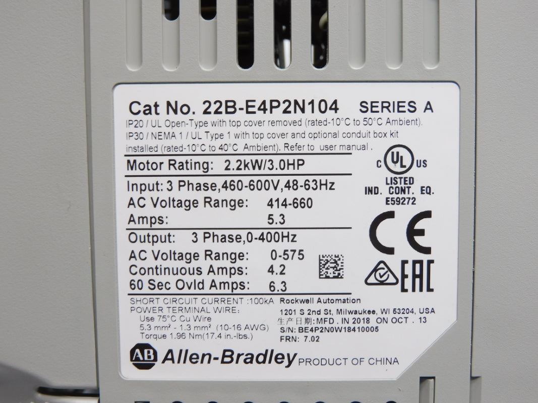 ALLEN BRADLEY 22B-E4P2N104 SER. A 460-600V 6.3A F/W 7.02 NSNP