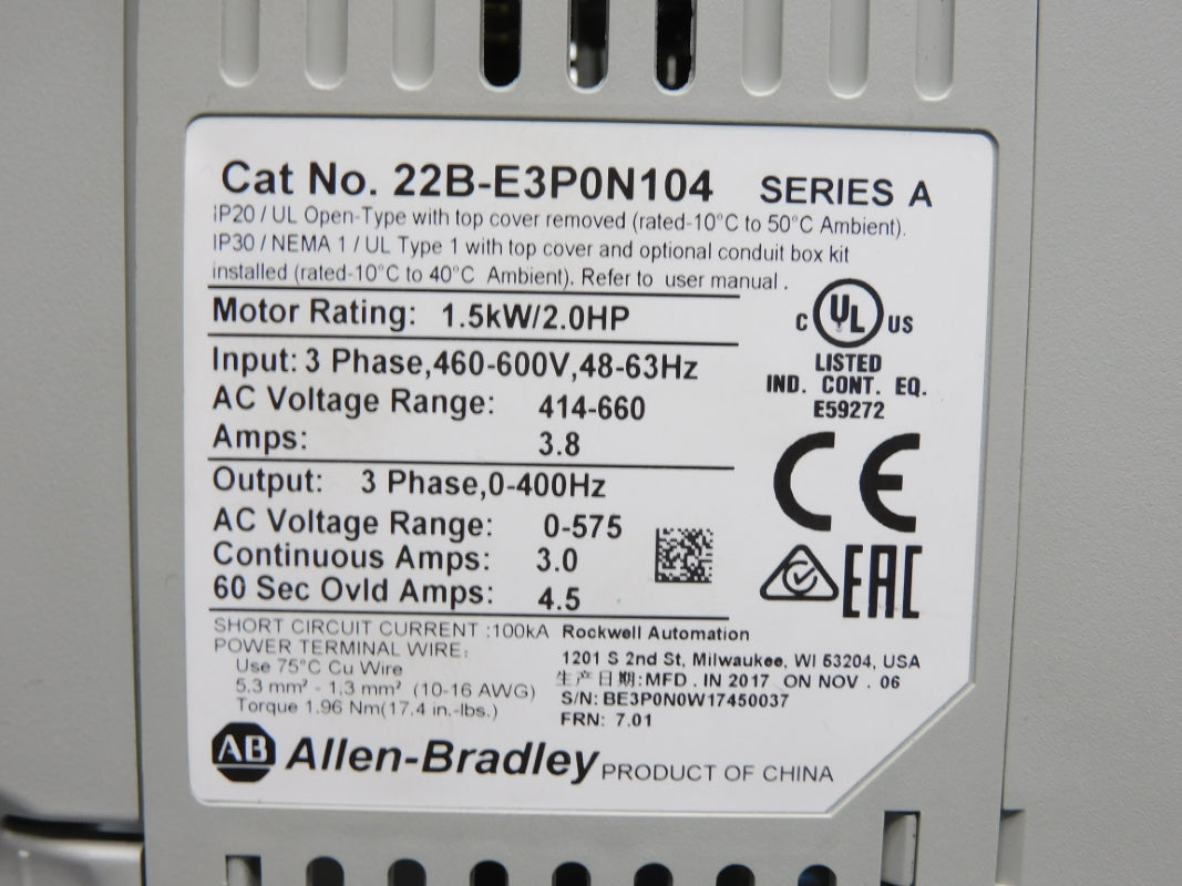 ALLEN BRADLEY 22B-E3P0N104 SER. A 414-660V 3.0A F/W 7.01 NSMP