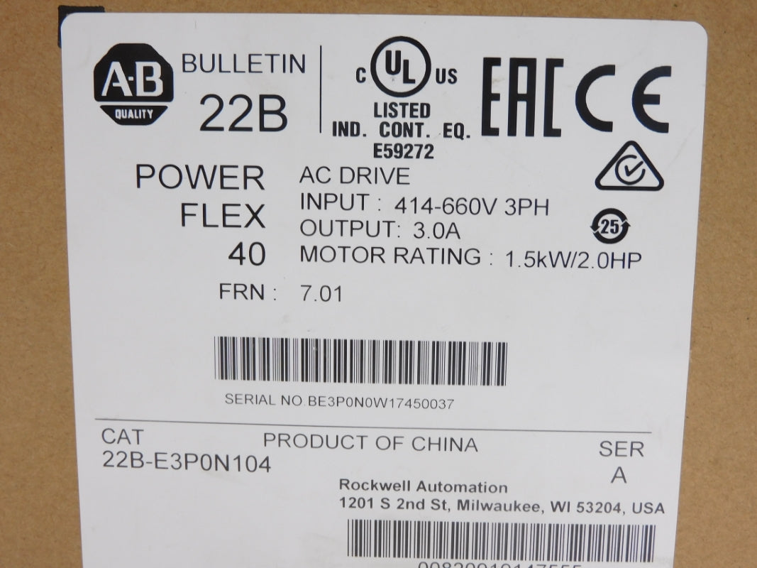 ALLEN BRADLEY 22B-E3P0N104 SER. A 414-660V 3.0A F/W 7.01 NSMP