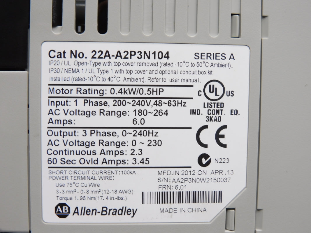 ALLEN BRADLEY 22A-A2P3N104 SER. A F/W  6.01 180-264V 6.0A NSMP