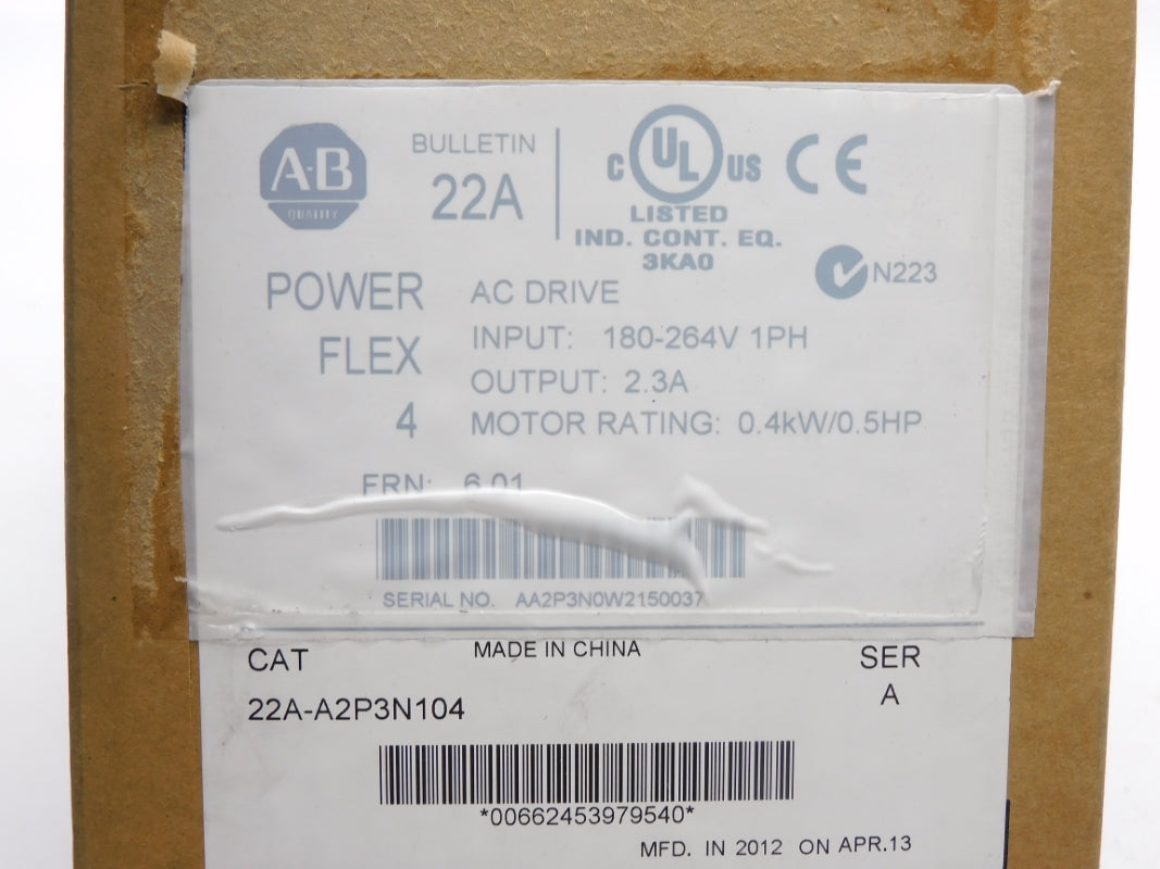 ALLEN BRADLEY 22A-A2P3N104 SER. A F/W  6.01 180-264V 6.0A NSMP