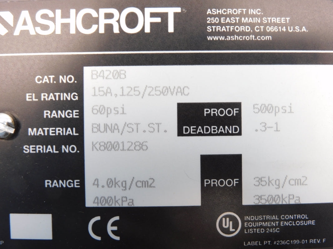 ASHCROFT B420B 125/250VAC 15A 60PSI NSMP