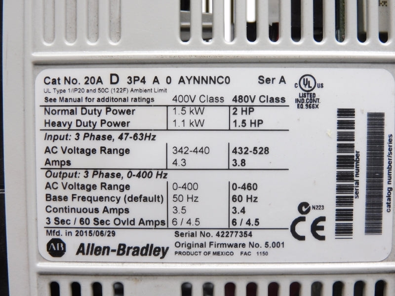 ALLEN BRADLEY 20AD3P4A0AYNNNC0 SER. A F/W 5.001 432-528VAC 3.8A NSNP