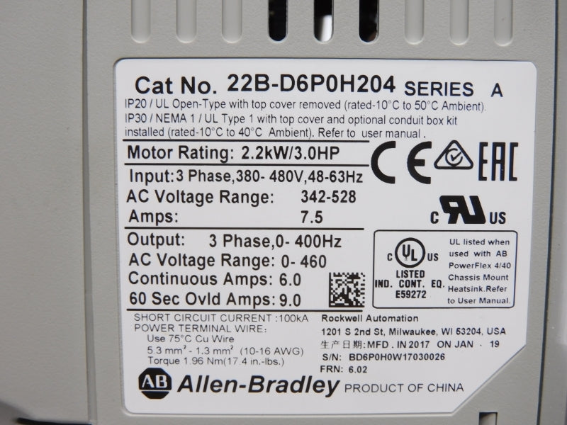 ALLEN BRADLEY 22B-D6P0H204 SER. A F/W 6.02 380-480V 7.5A NSMP
