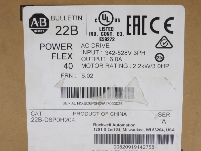 ALLEN BRADLEY 22B-D6P0H204 SER. A F/W 6.02 380-480V 7.5A NSMP