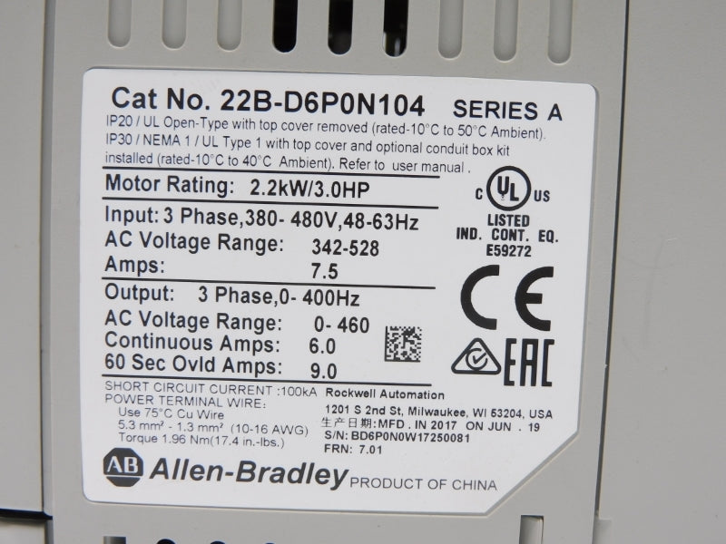 ALLEN BRADLEY 22B-D6P0N104 SER. A 342-528VAC 6.0A F/W 7.01 NSMP