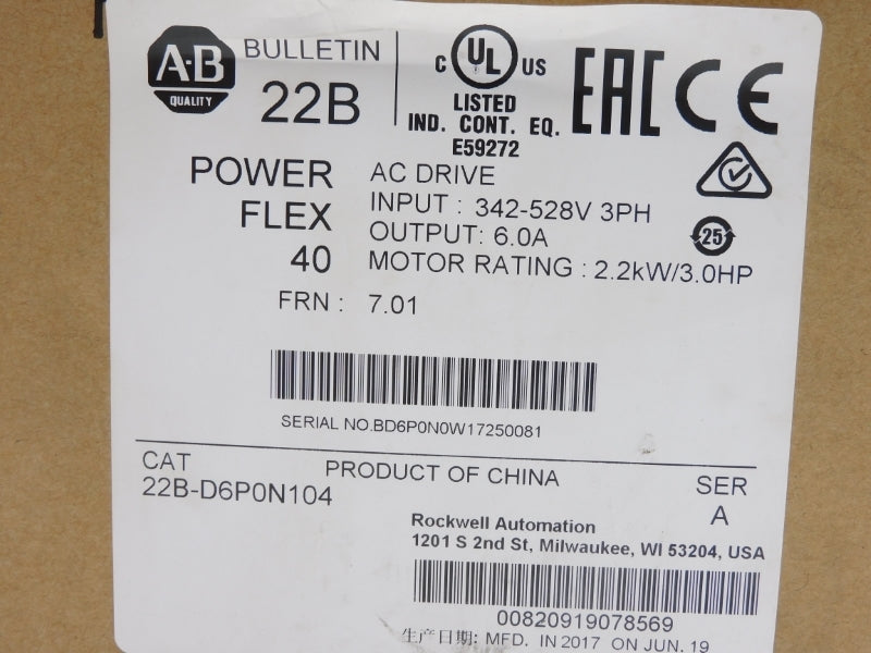 ALLEN BRADLEY 22B-D6P0N104 SER. A 342-528VAC 6.0A F/W 7.01 NSMP