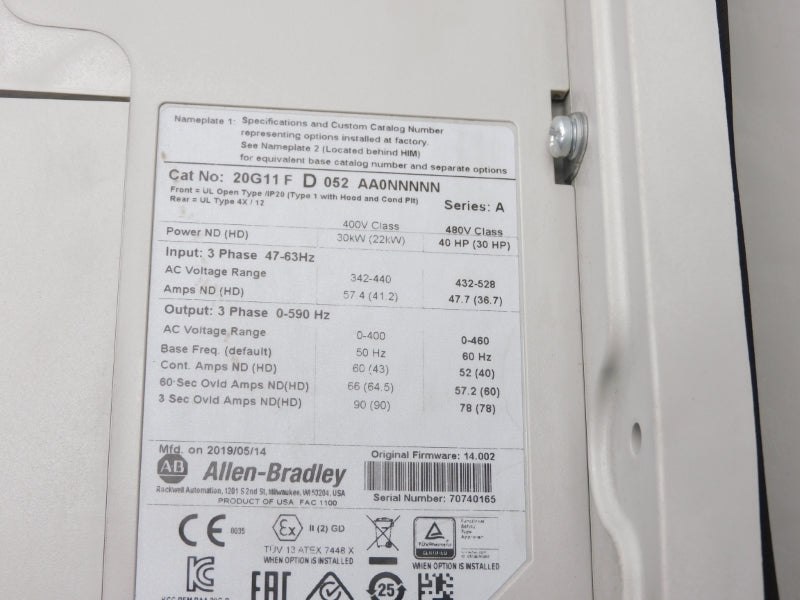 ALLEN BRADLEY 20G11FD052AA0NNNNN SER. A 432-528VAC 52A F/W 14.002 NSNP
