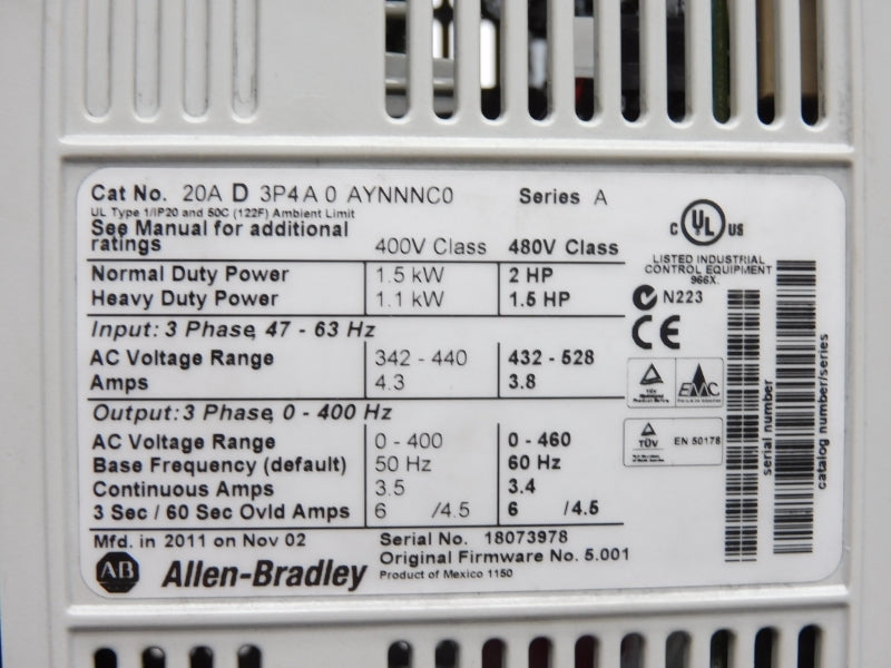 ALLEN BRADLEY 20AD3P4A0AYNNNC0 SER. A 432-528VAC 3.4A F/W 5.001 REMAN