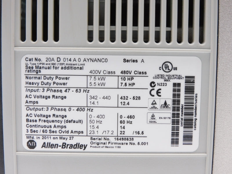 INDUSTRIAL SPARE PART 20AD014A0AYNANC0 SER. A F/W 5.001 432-528VAC 14.1A NSMP