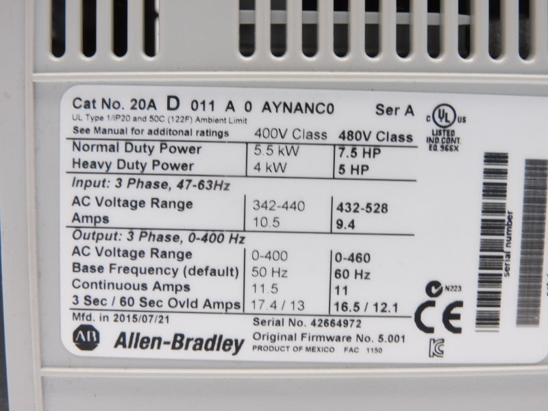ALLEN BRADLEY 20AD011A0AYNANC0 SER. A F/W 5.001 480VAC 9.4A NSMP