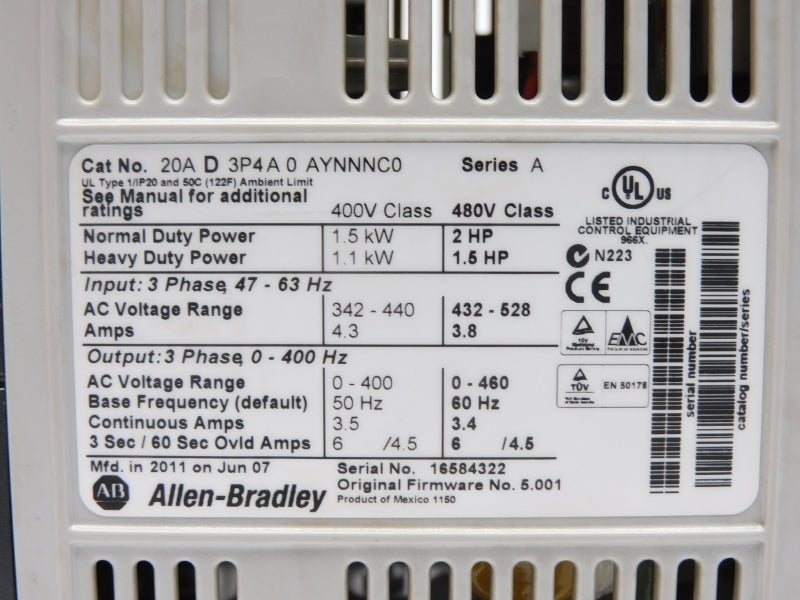 ALLEN BRADLEY 20AD3P4A0AYNNNC0 SER. A 480VAC 3.4A F/W 5.001 NSMP