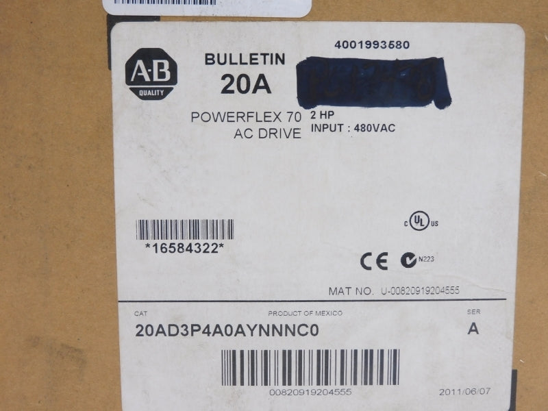 ALLEN BRADLEY 20AD3P4A0AYNNNC0 SER. A 480VAC 3.4A F/W 5.001 NSMP