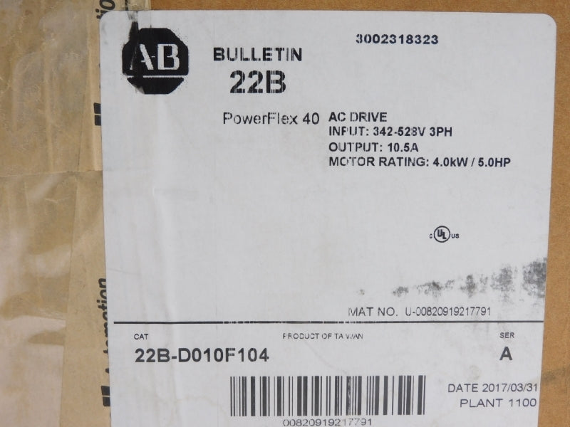 ALLEN BRADLEY 22B-D010F104 SER. A 342-528VAC 10.5A F/W 6.02 NSMP