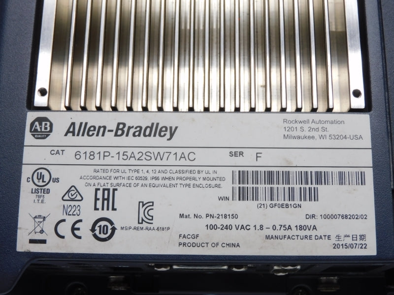 ALLEN BRADLEY 6181P-15A2SW71AC SER. F 100-240VAC 1.8-0.75A (NO KEY) UNMP