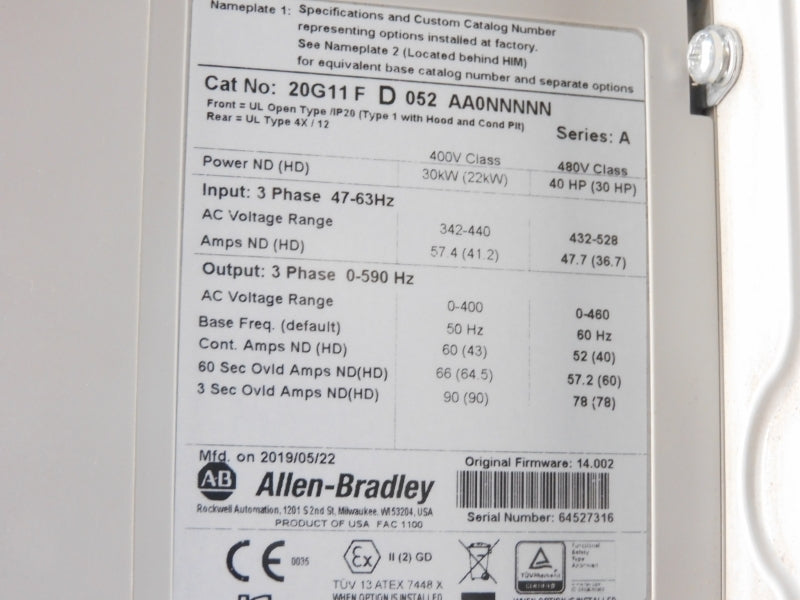 ALLEN BRADLEY 20G11FD052AA0NNNNN SER. A 480VAC 52A F/W 14.002 NSMP