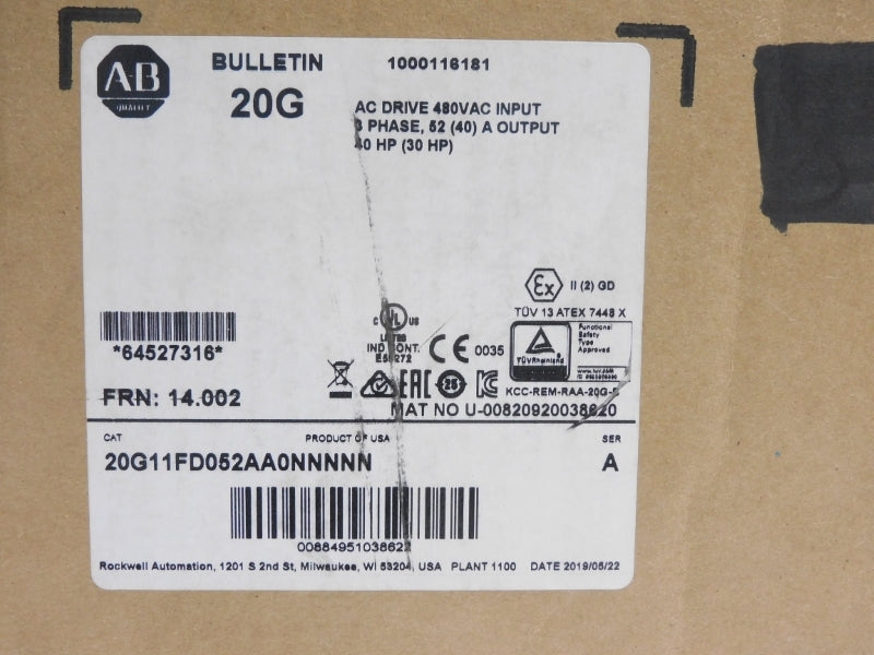 ALLEN BRADLEY 20G11FD052AA0NNNNN SER. A 480VAC 52A F/W 14.002 NSMP