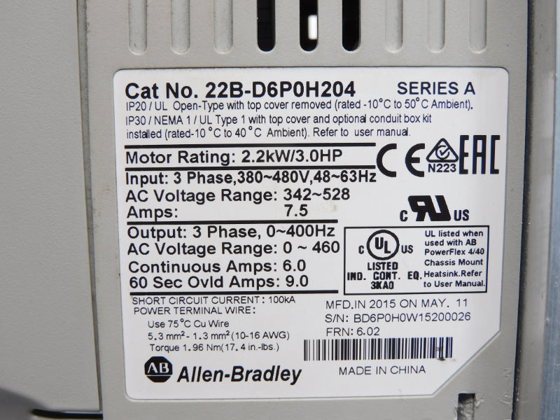 ALLEN BRADLEY 22B-D6P0H204 SER. A 342-528VAC 7.5A F/W 6.02 (AS PICTURED) NUPI