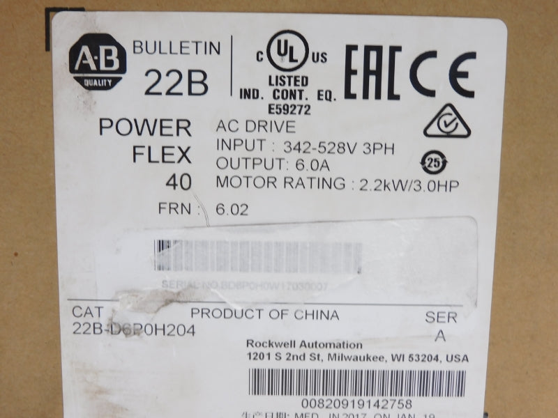 ALLEN BRADLEY 22B-D6P0H204 SER. A 342-528VAC 7.5A F/W 6.02 (AS PICTURED) NUPI