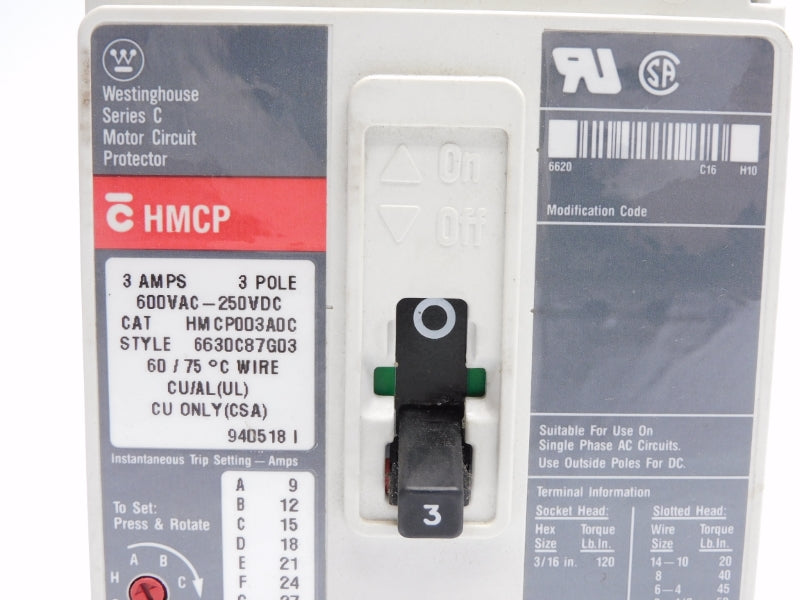 WESTINGHOUSE HMCP003A0C SER. C 600VAC 3A NSNP