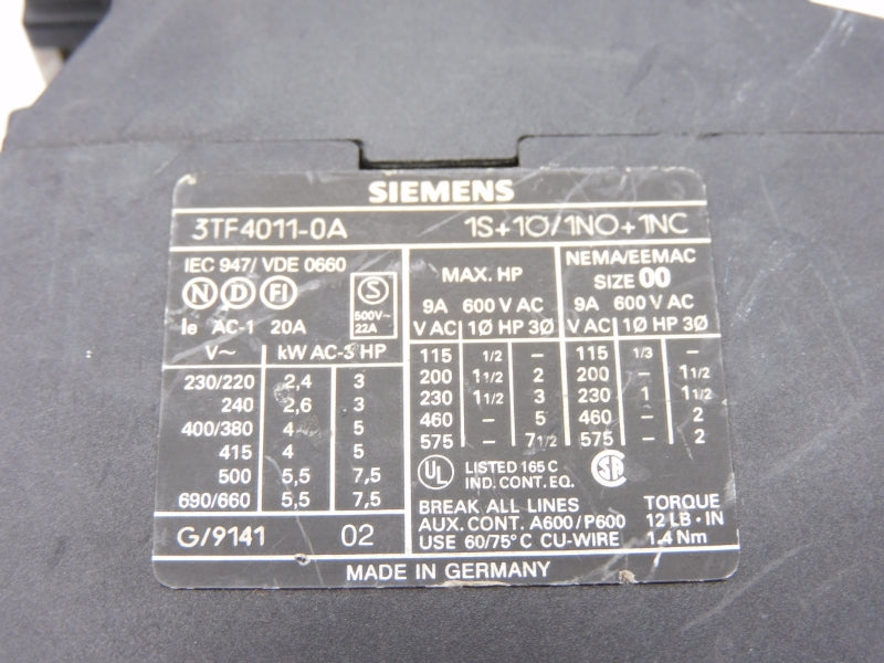 SIEMENS 3TF4011-0A 110V 9A UNMP
