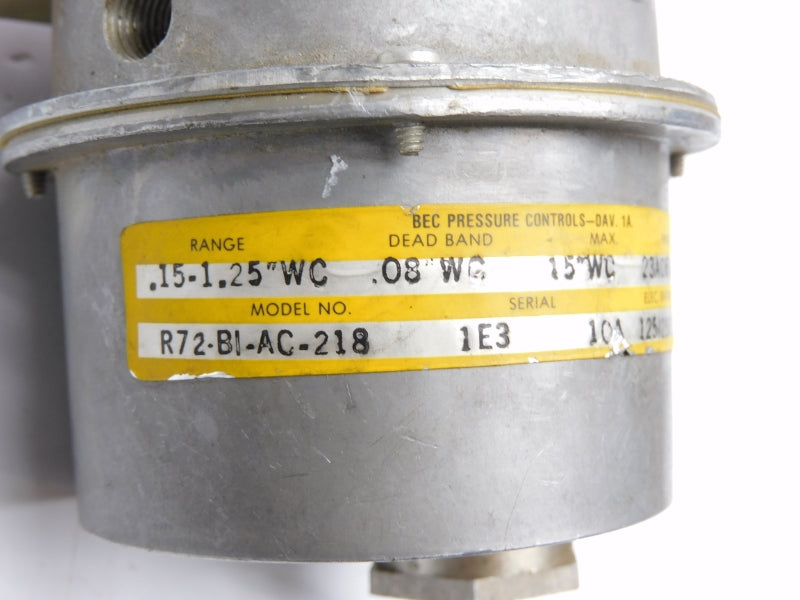 BEC PRESSURE CONTROLS R72-BI-AC-218 125/250VAC 10A .15-1.25"WC UNMP