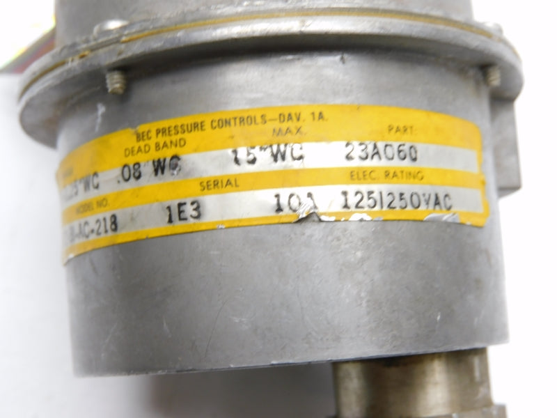 BEC PRESSURE CONTROLS R72-BI-AC-218 125/250VAC 10A .15-1.25"WC UNMP