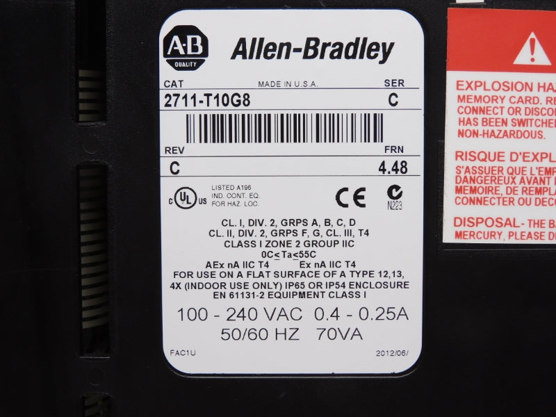 ALLEN BRADLEY 2711-T10G8 SER. C F/W 4.48 100-240VAC 0.4-0.25A REMAN