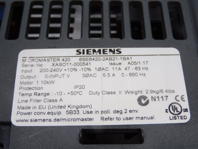 SIEMENS 6SE6420-2AB21-1BA1 200-240V 11A (AS IS) UNMP