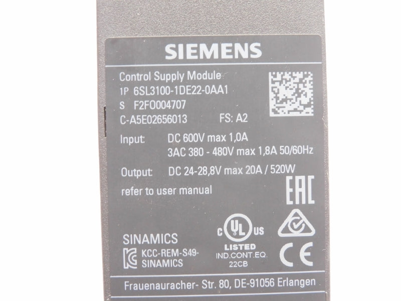 SIEMENS 6SL3100-1DE22-0AA1 600VAC 1,8A (NO COVER) UNMP