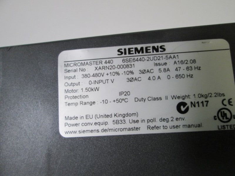 SIEMENS MICROMASTER 440 6SE6440-2UD21-5AA1  (AS IS) *USED*