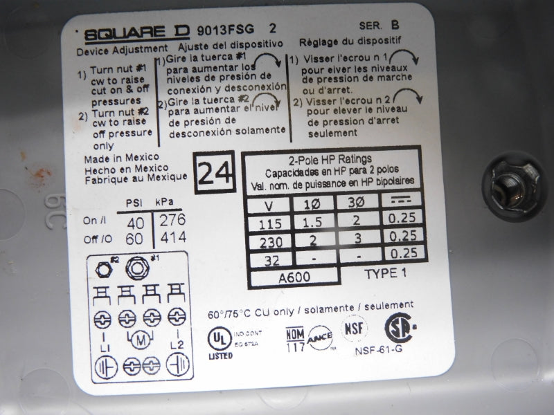 SQUARE D 9013FSG2 SER. B 230V 40/60PSI UNMP