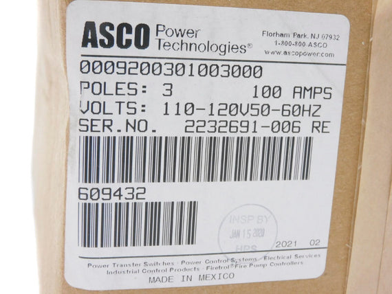 ASCO 0009200301003000 110-120V 100A NSFS