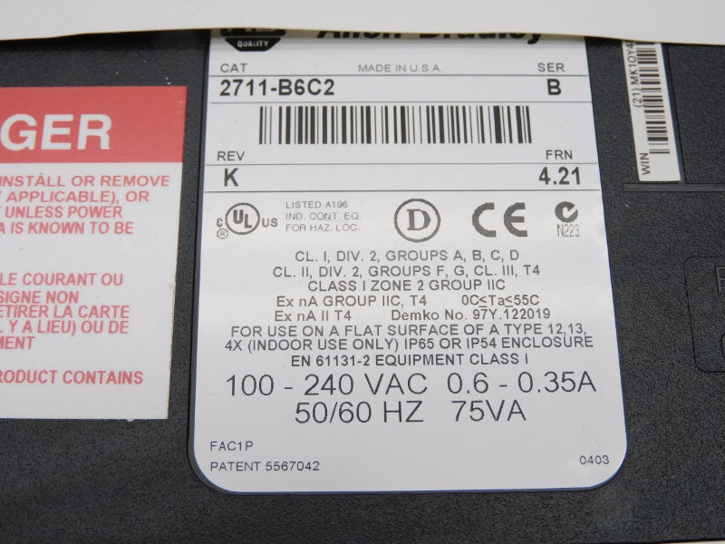 ALLEN BRADLEY 2711-B6C2 SER. B F/W 4.21 100-240VAC 0.6-.35A F/W 4.21 NSMP