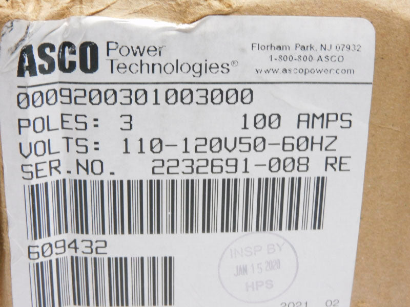 ASCO 0009200301003000 110-120V 100A NSMP