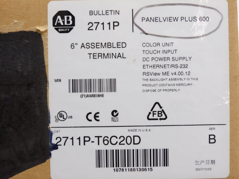ALLEN BRADLEY 2711P-T6C20D SER. B 24VDC NSMP