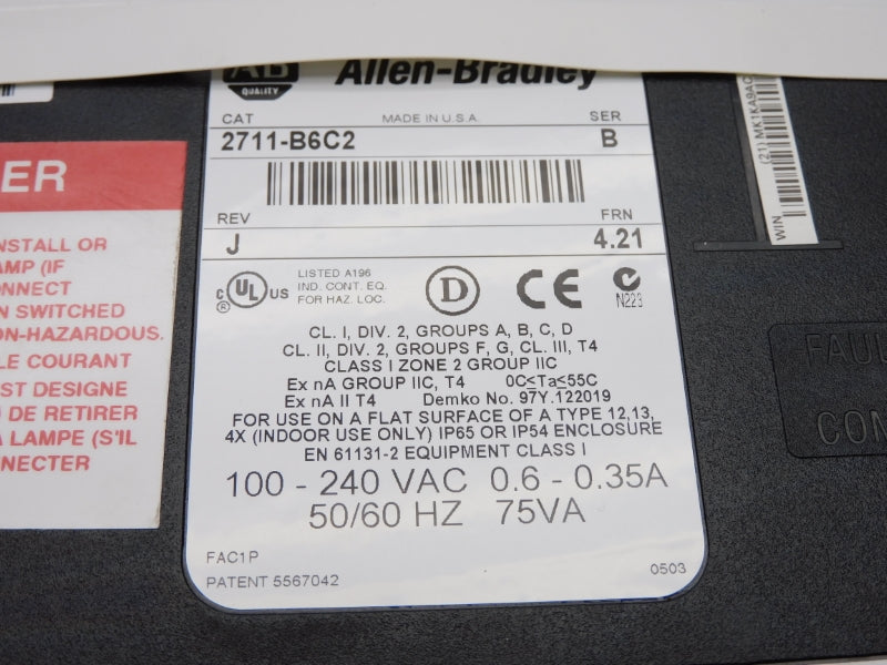 ALLEN BRADLEY 2711-B6C2 SER. B 100-240VAC 0.6-0.35A F/W 4.21 REMAN