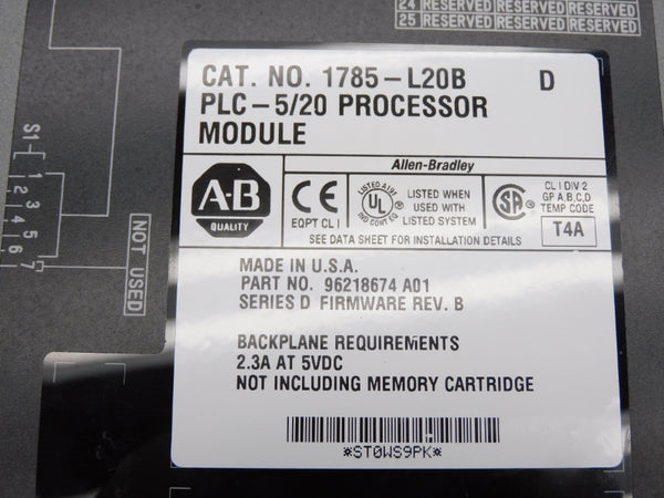 ALLEN BRADLEY 1785-L20B SER. D 5VDC 2.3A F/W B (NO KEY) UNMP