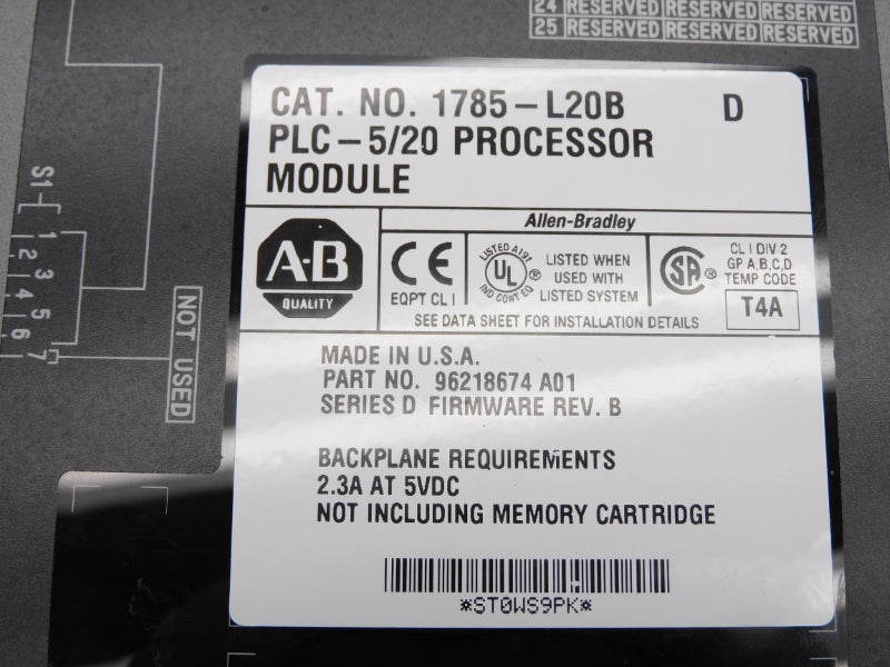 ALLEN BRADLEY 1785-L20B SER. D 5VDC 2.3A F/W B (NO KEY) UNMP
