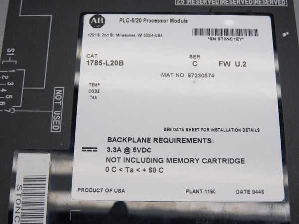 ALLEN BRADLEY 1785-L20B SER. C 5VDC 3.3A F/W U.2 REMAN