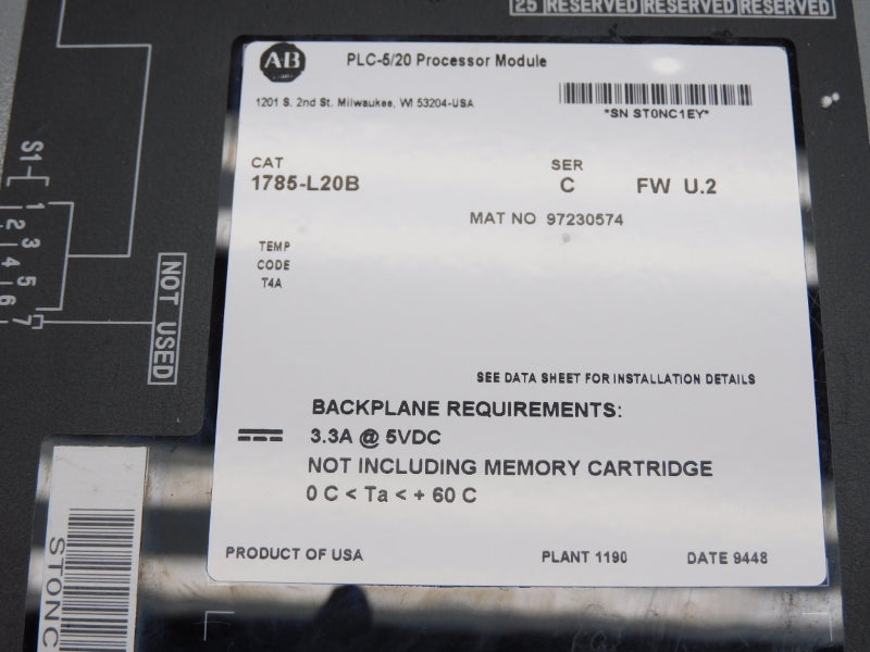 ALLEN BRADLEY 1785-L20B SER. C 5VDC 3.3A F/W U.2 REMAN