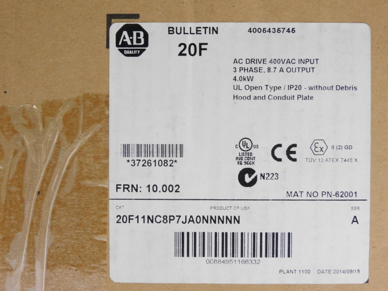 ALLEN BRADLEY 20F11NC8P7JA0NNNNN SER. A 400VAC 8.7A F/W 10.002 DATE: 2014 NSFS