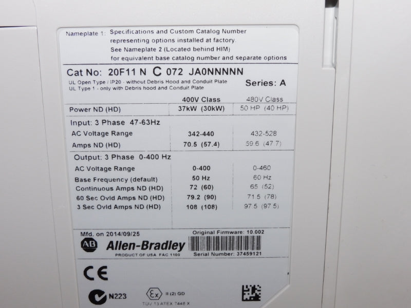 ALLEN BRADLEY 20F11NC072JA0NNNNN SER. A 432-528V 70.5A F/W 10.002 NSMP