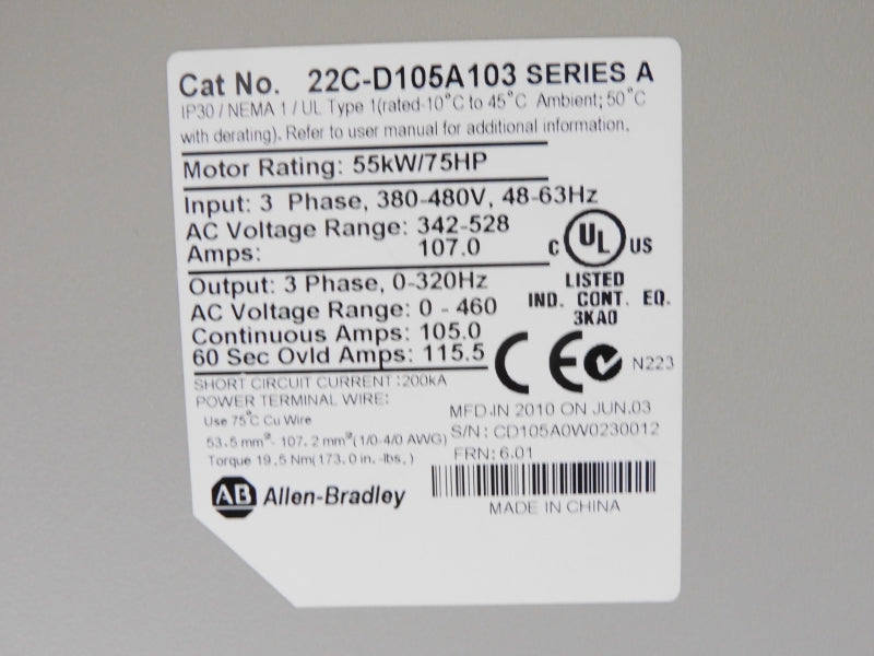 ALLEN BRADLEY 22C-D105A103 SER. A 342-528V 107.0A F/W 6.01 NSNP