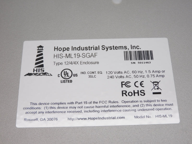 HOPE INDUSTRIAL SYSTEMS HIS-ML19-SGAF 240VAC 1.5A NSMP